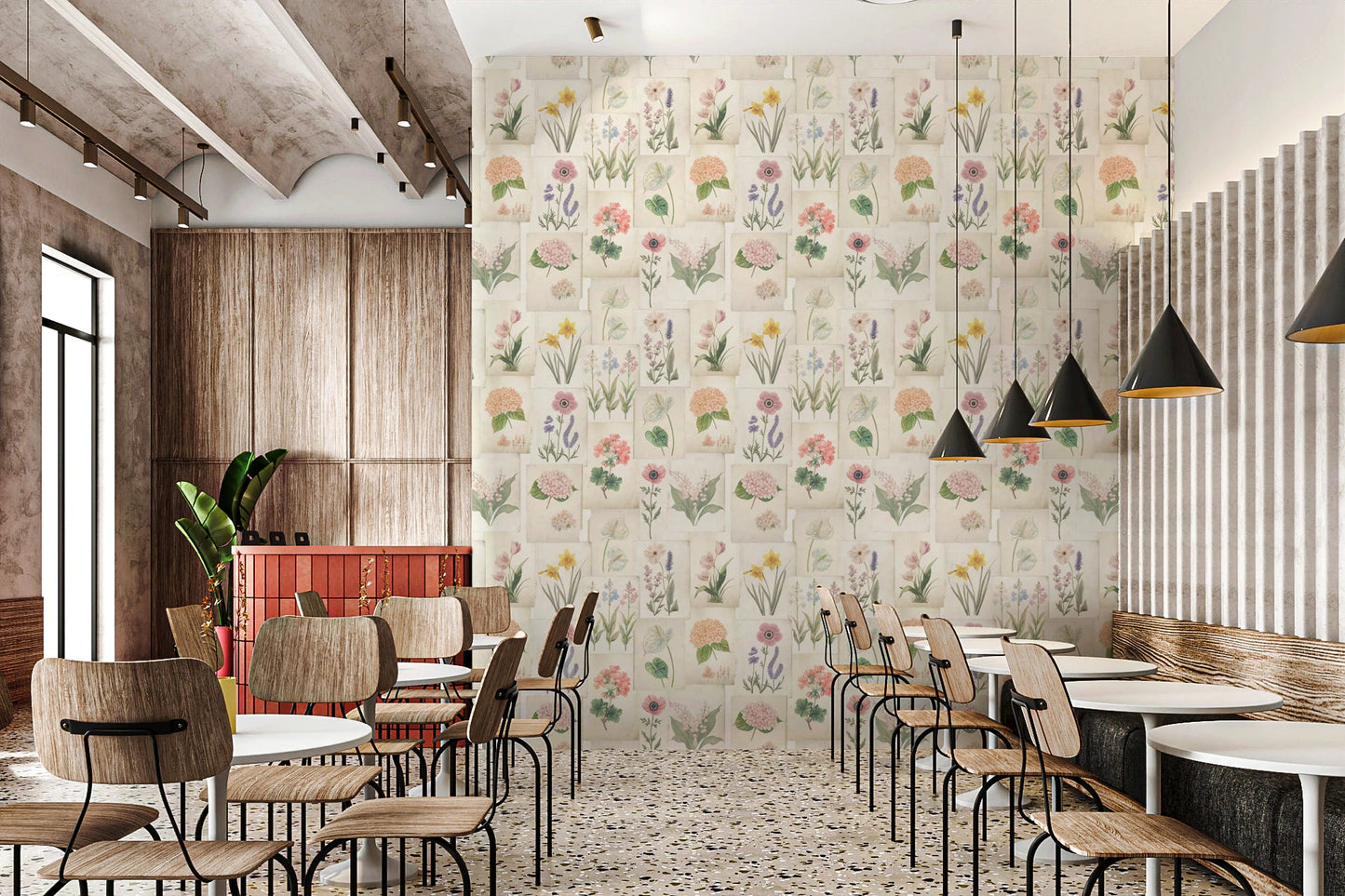 Pastel Floral Botanical Collage Wallpaper with mixed flowers on paper-style panels, GD8696