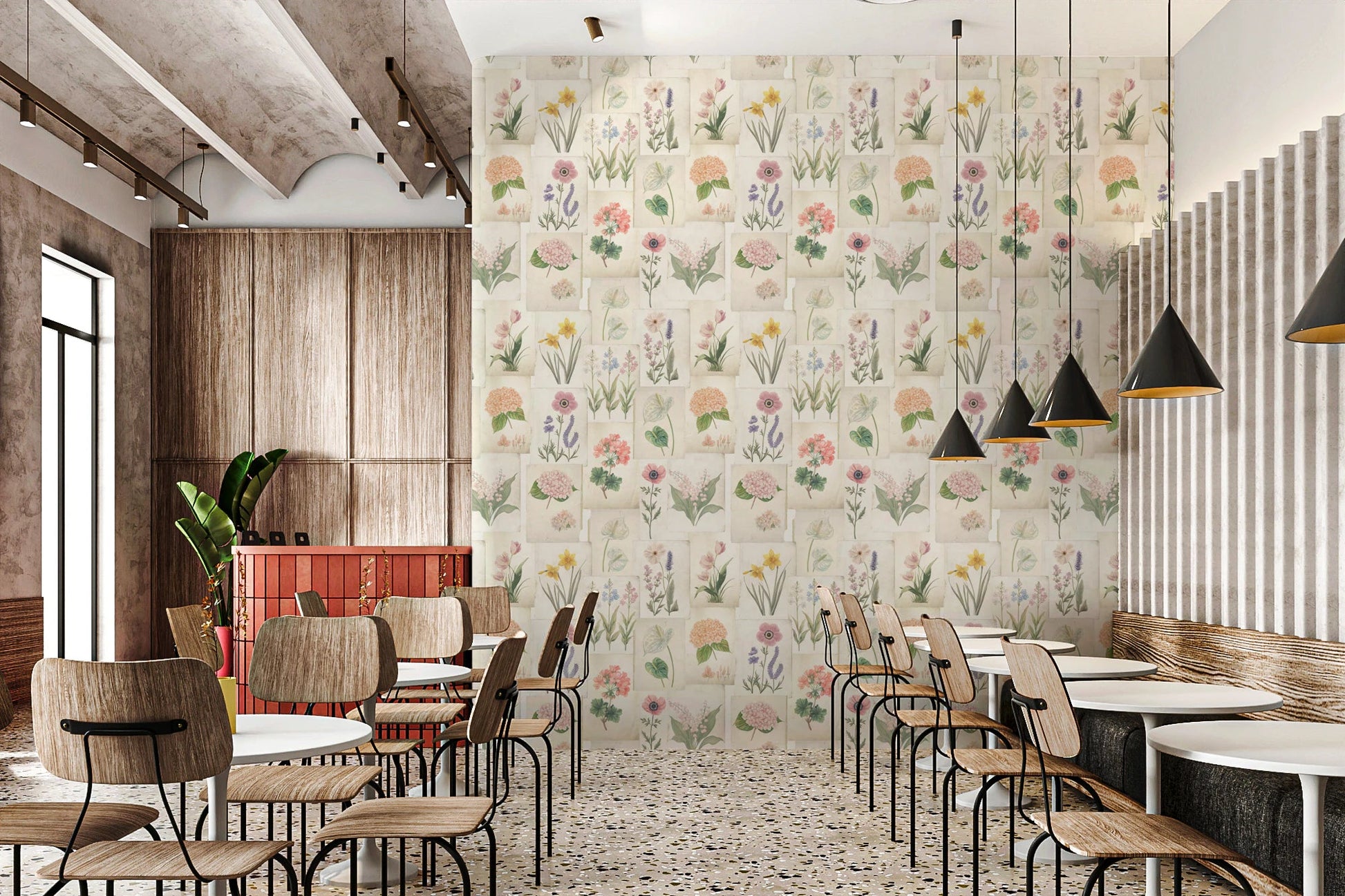 Pastel Floral Botanical Collage Wallpaper with mixed flowers on paper-style panels, GD8696