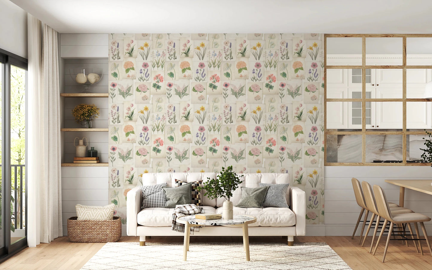 Hallway styled with Botanical Collage Wallpaper in soft pastel floral tones, GD8696