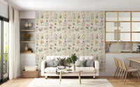 Hallway styled with Botanical Collage Wallpaper in soft pastel floral tones, GD8696