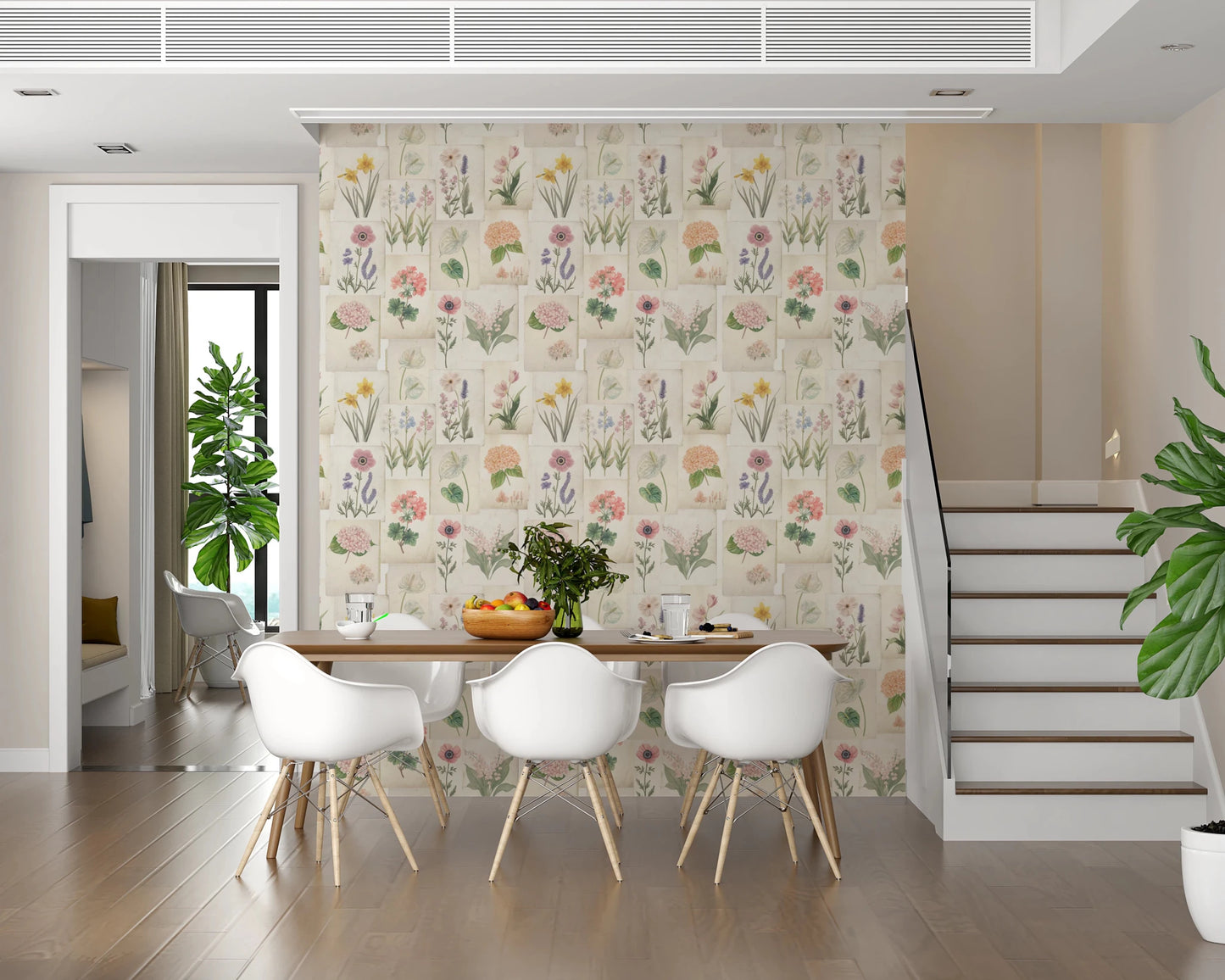 Dining room wall finished in Floral Botanical Collage wallpaper with vintage blooms, GD8696