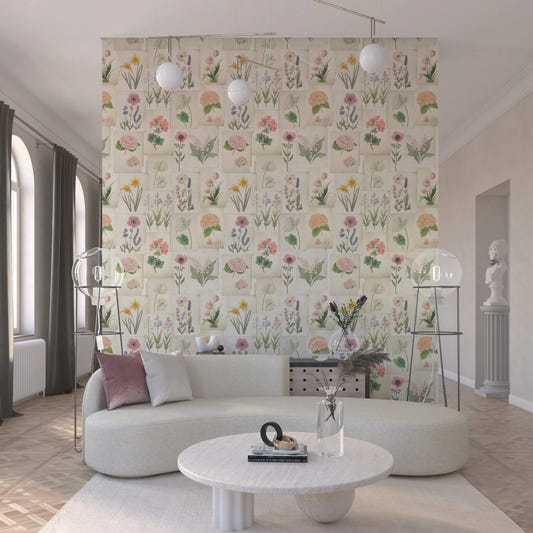 Pastel Floral Botanical wallpaper in a living room with vintage flower collage art