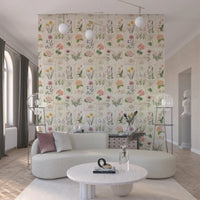 Pastel Floral Botanical wallpaper in a living room with vintage flower collage art, GD8696