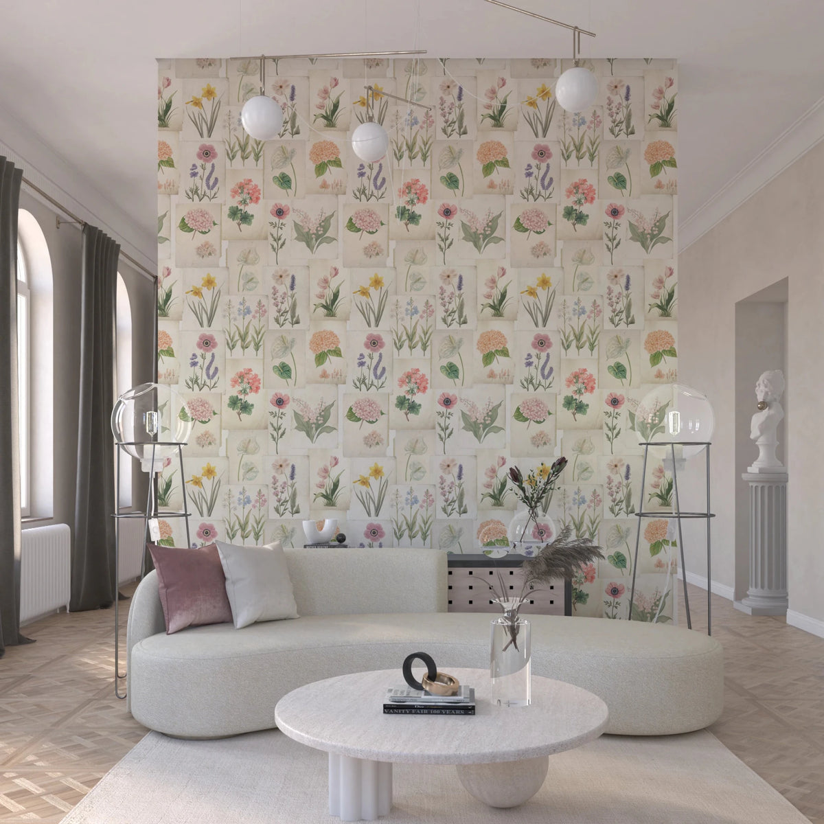 Pastel Floral Botanical wallpaper in a living room with vintage flower collage art, GD8696