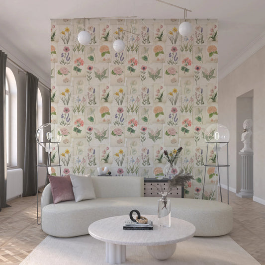 Pastel Floral Botanical wallpaper in a living room with vintage flower collage art