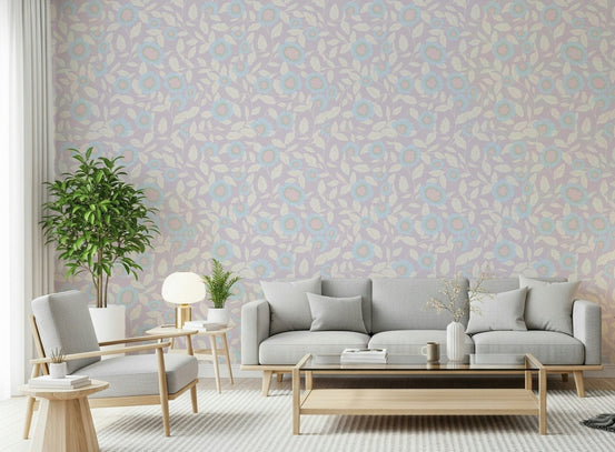 Pastel Floral Serenity wallpaper showing blue flowers on a lilac ground GD7428
