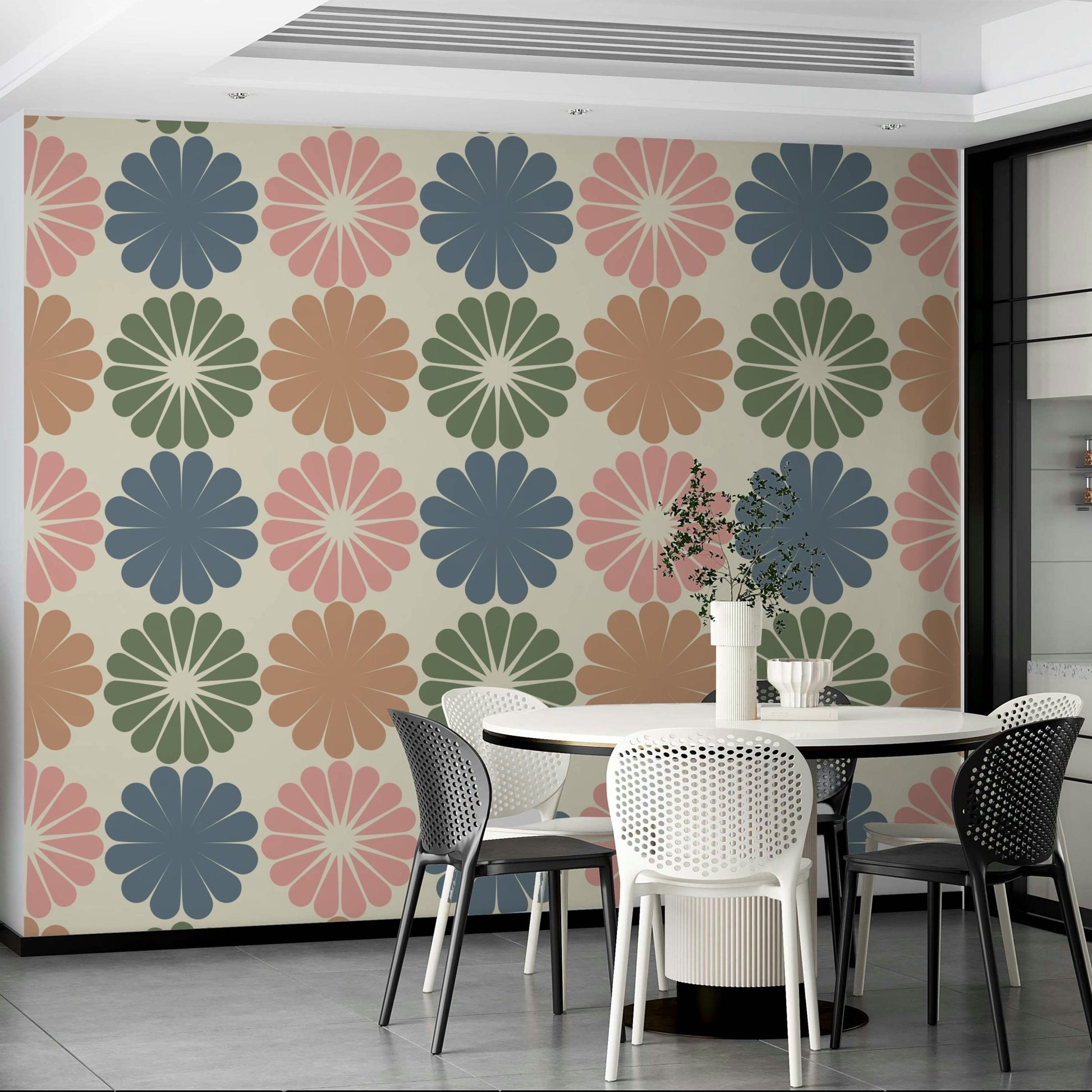 A wider shot of the pastel geometric print in a sunlit space.

