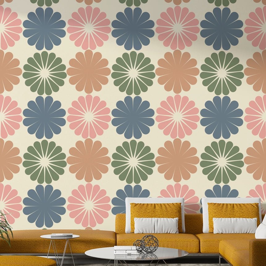 A corner of a room showcasing the wallpaper's full design.

