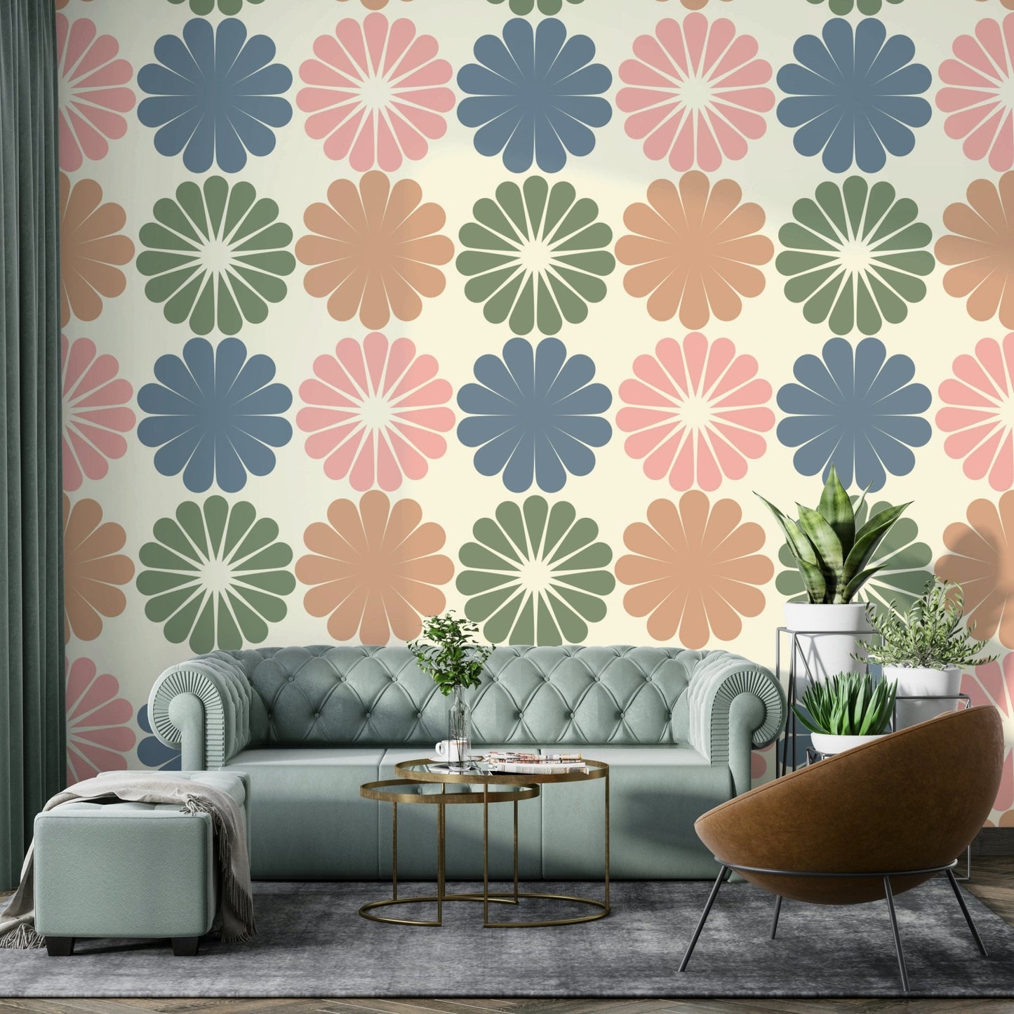 An installation view of the wallpaper being hung on a wall.


