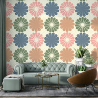 An installation view of the wallpaper being hung on a wall.

