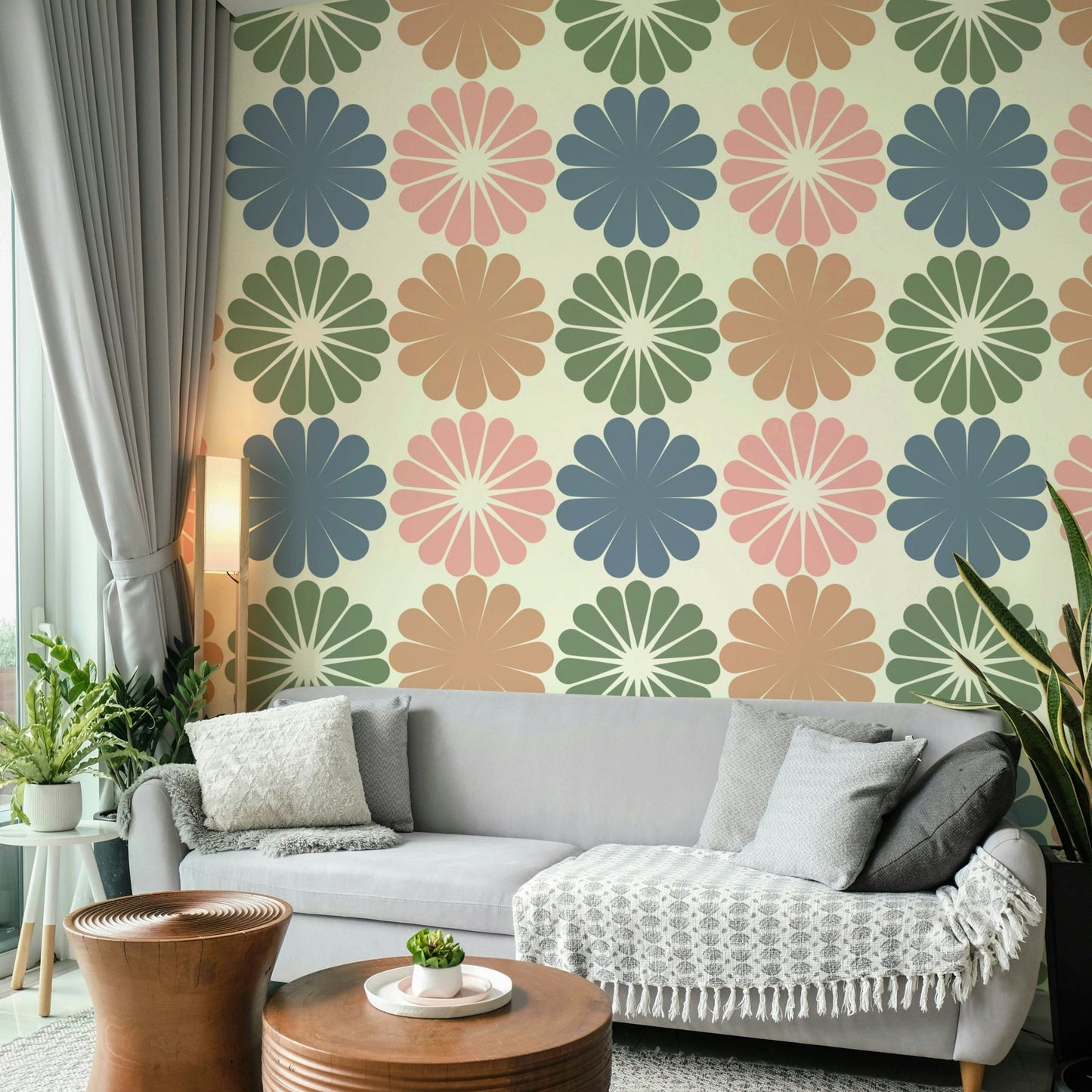 The pastel wallpaper applied to a wall behind a bed.

