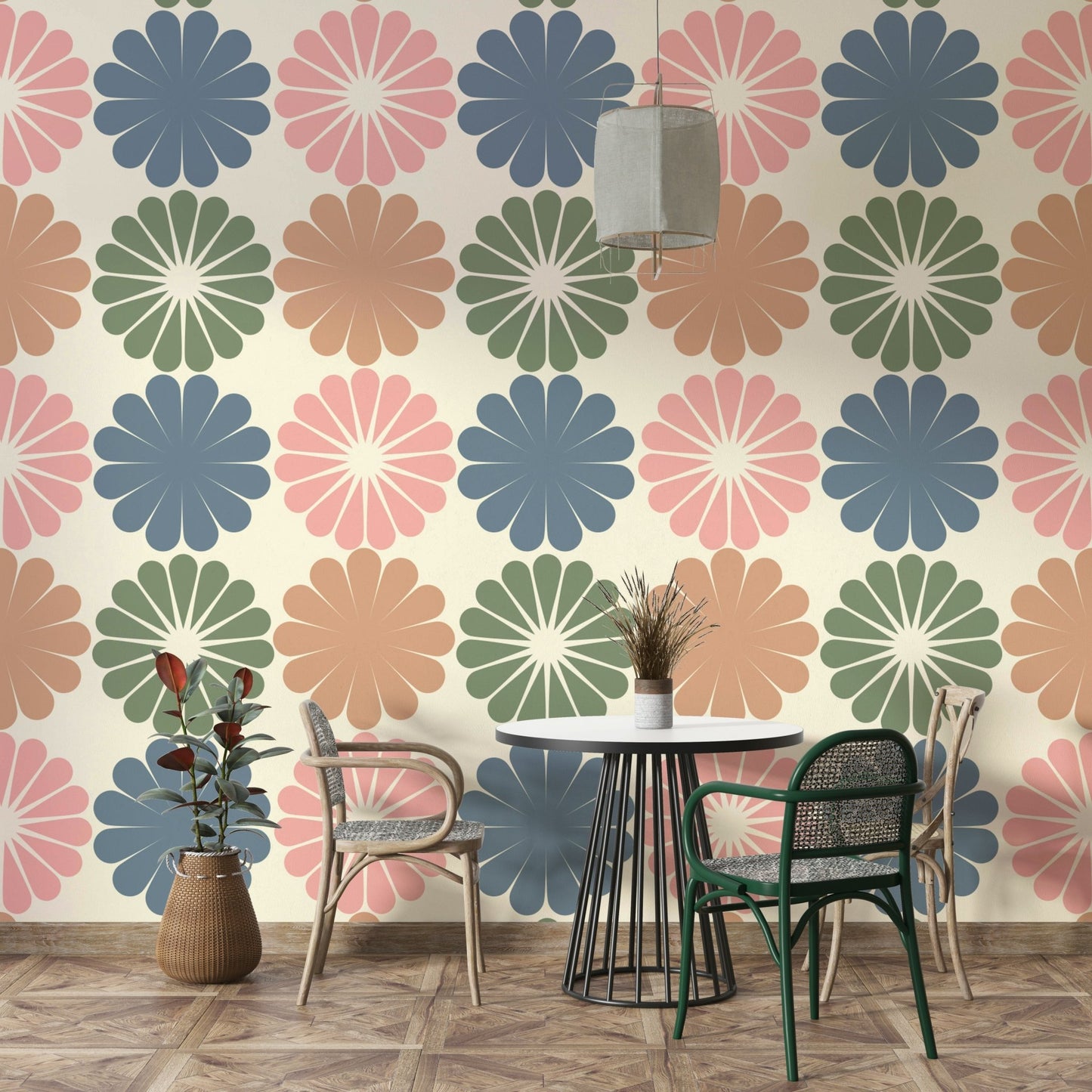 A child's room wall covered in a pastel geometric flowers wallpaper.

