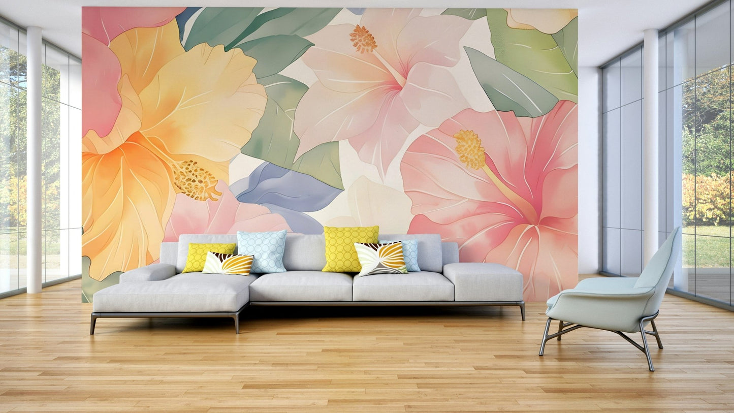 Pastel Hibiscus Watercolor Wallpaper