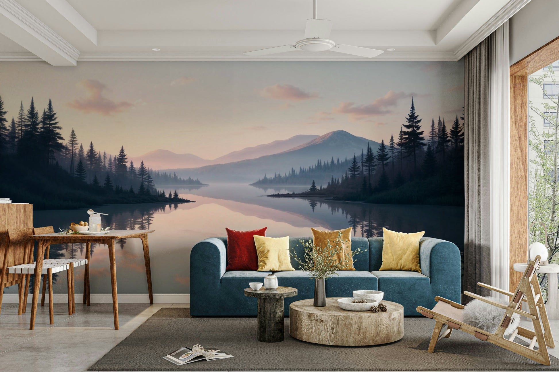 A wall mural of a peaceful lake scene.

