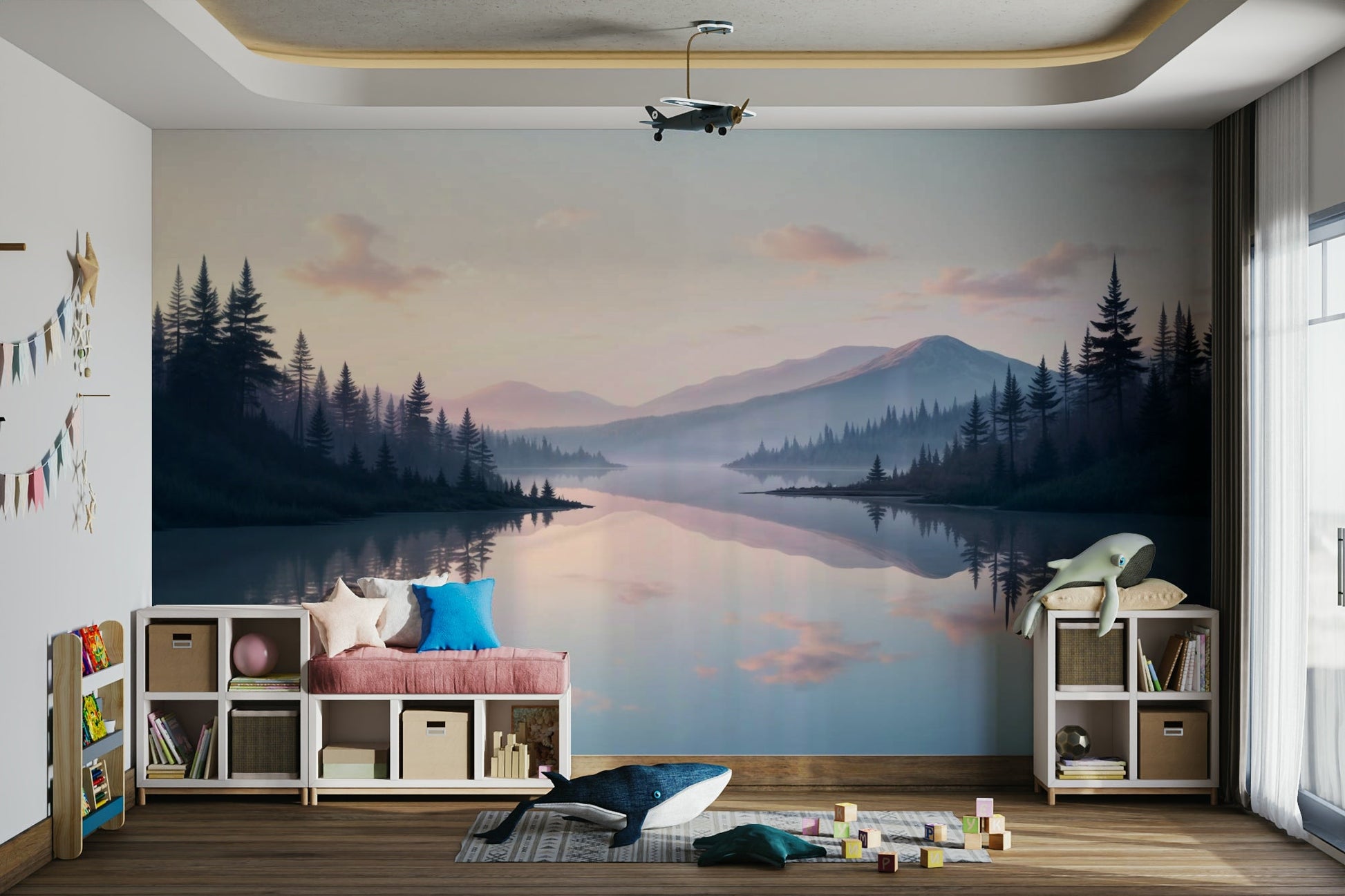 The colors are soft, muted tones of pink, blue, and green.

