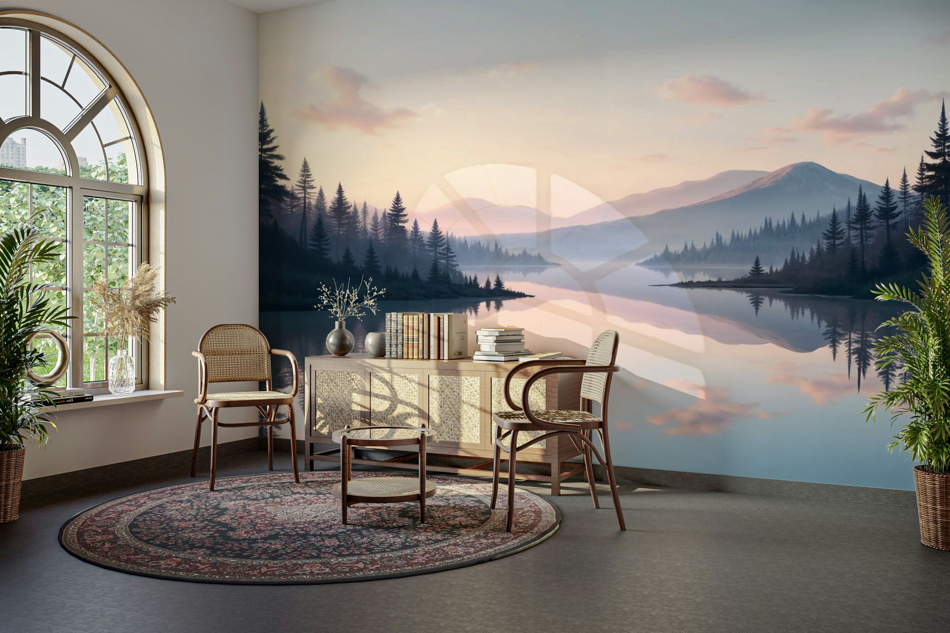 The lake and mountains are a central focus of the image.

