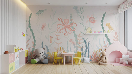 Subtle marine symphony mural for serene spaces, C213