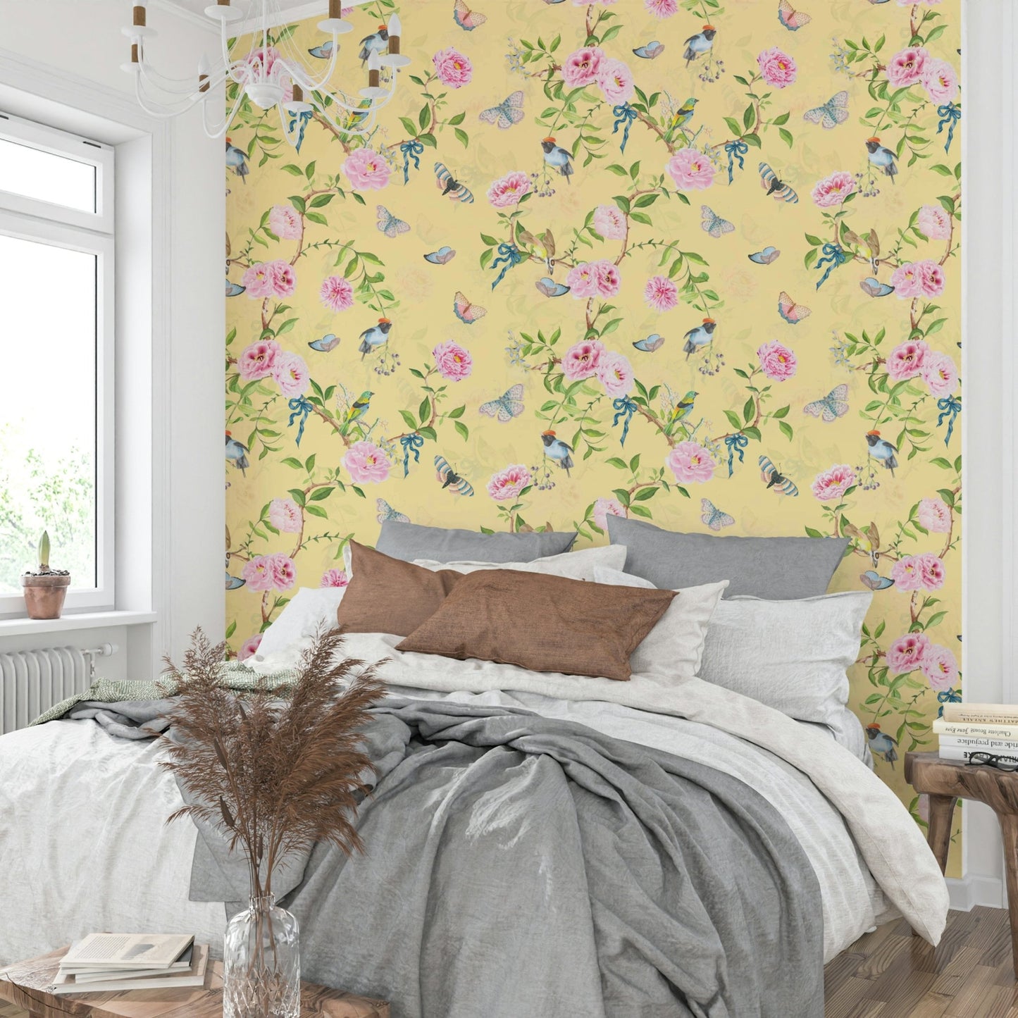 Romantic Chinoiserie Birds with Pastel Floral Mural

