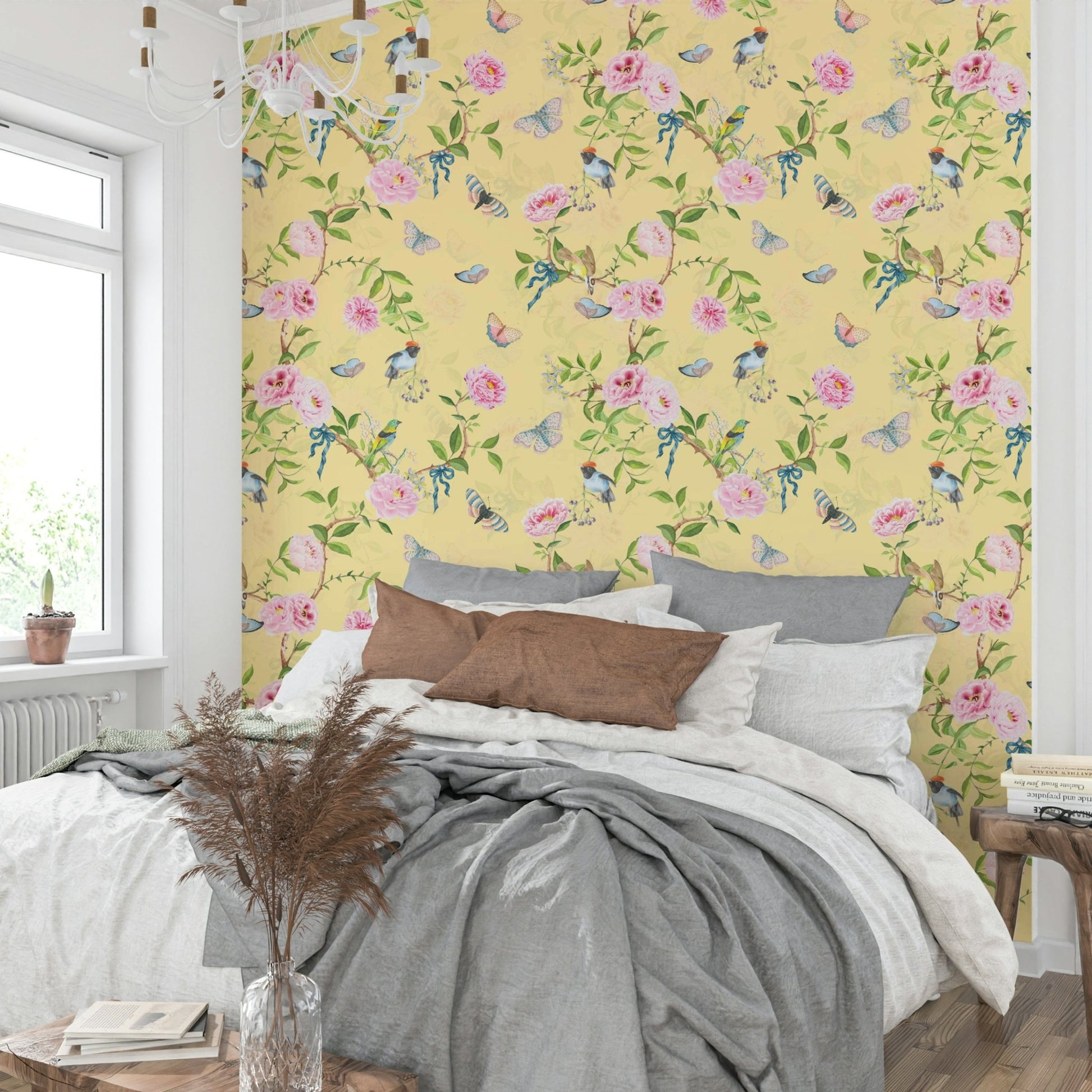 Romantic Chinoiserie Birds with Pastel Floral Mural

