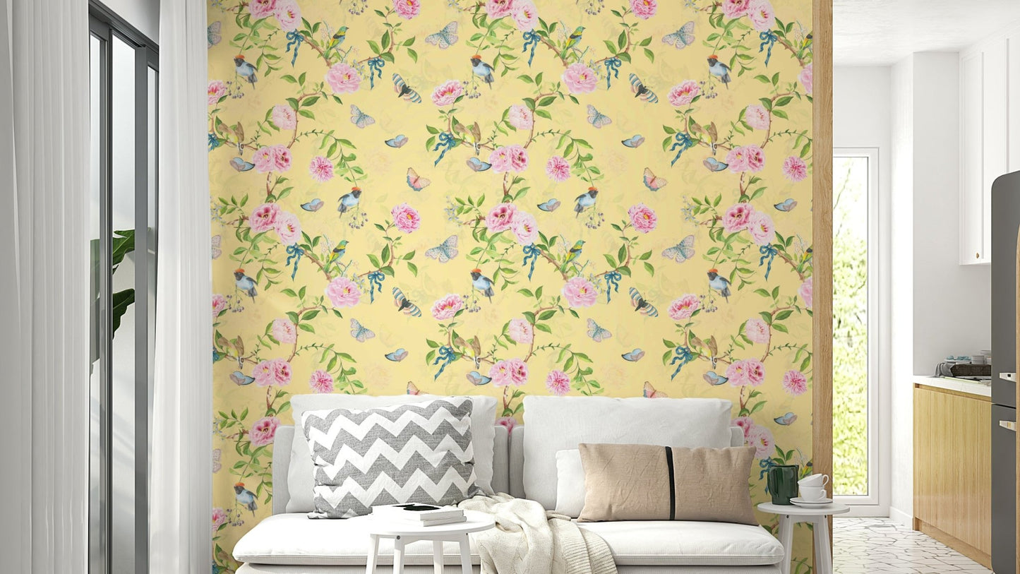 Beautiful Birds & Floral Design Chinoiserie Wallpaper

