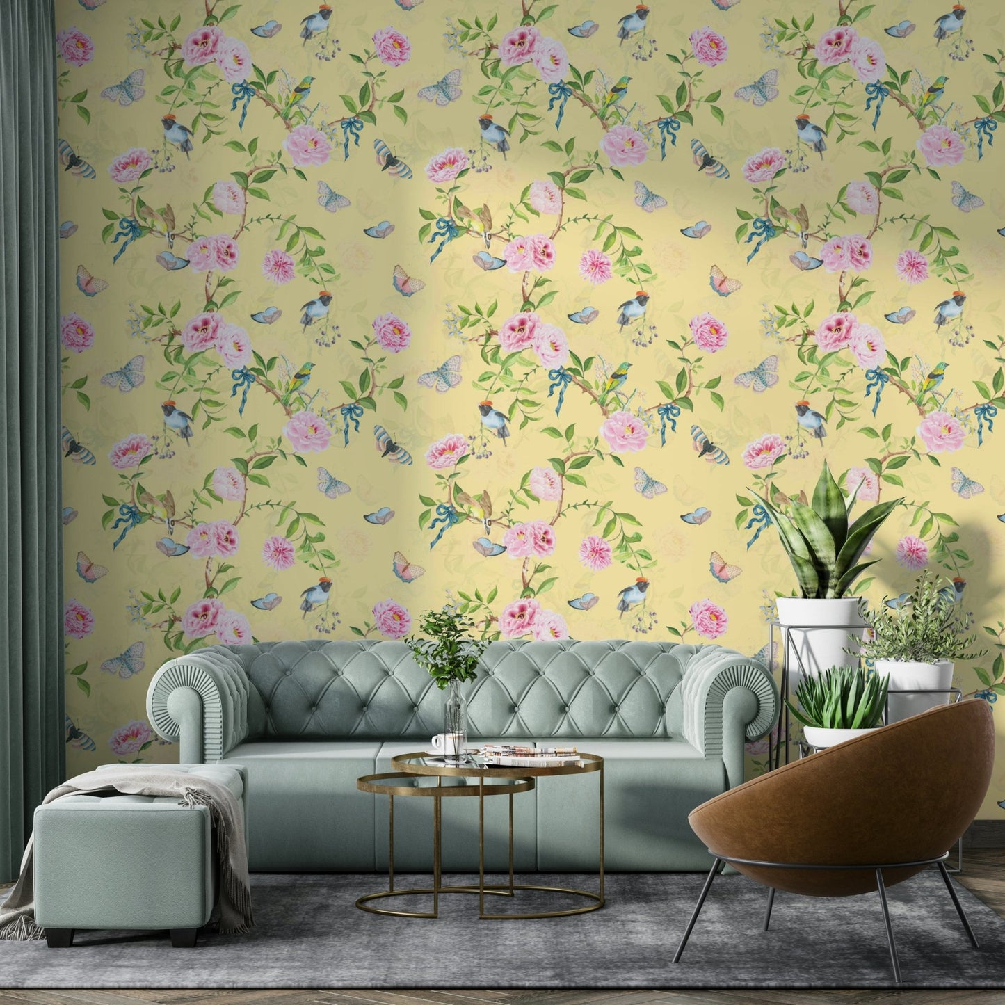 Elegant Chinoiserie Birds & Floral Mural Wallpaper

