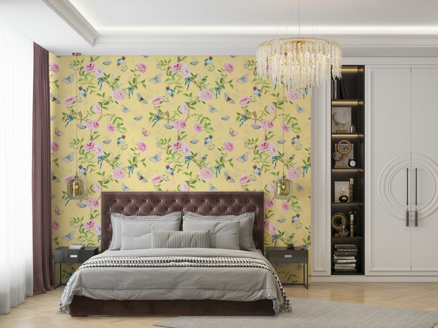Soft Pastel Wallpaper with Birds and Floral Patterns

