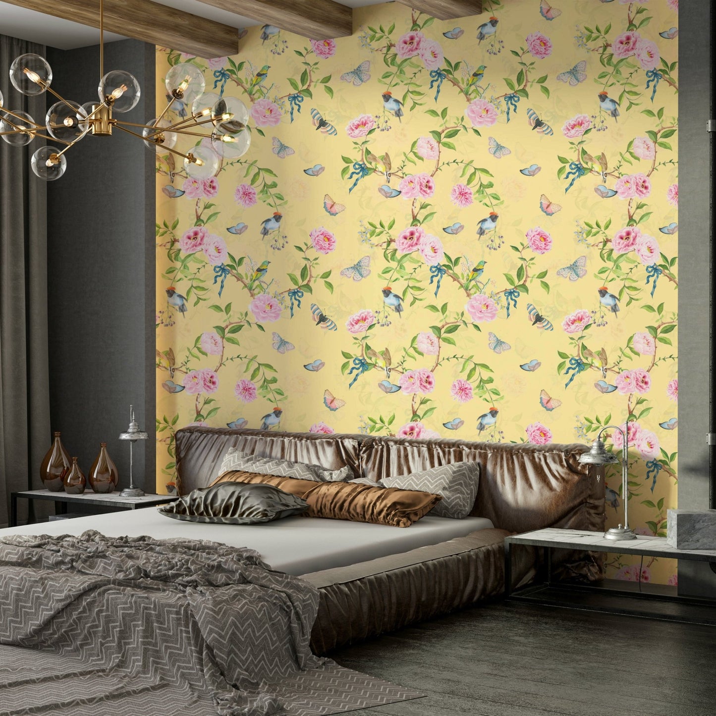 Blooming Birds and Pastel Flowers Wall Mural Design

