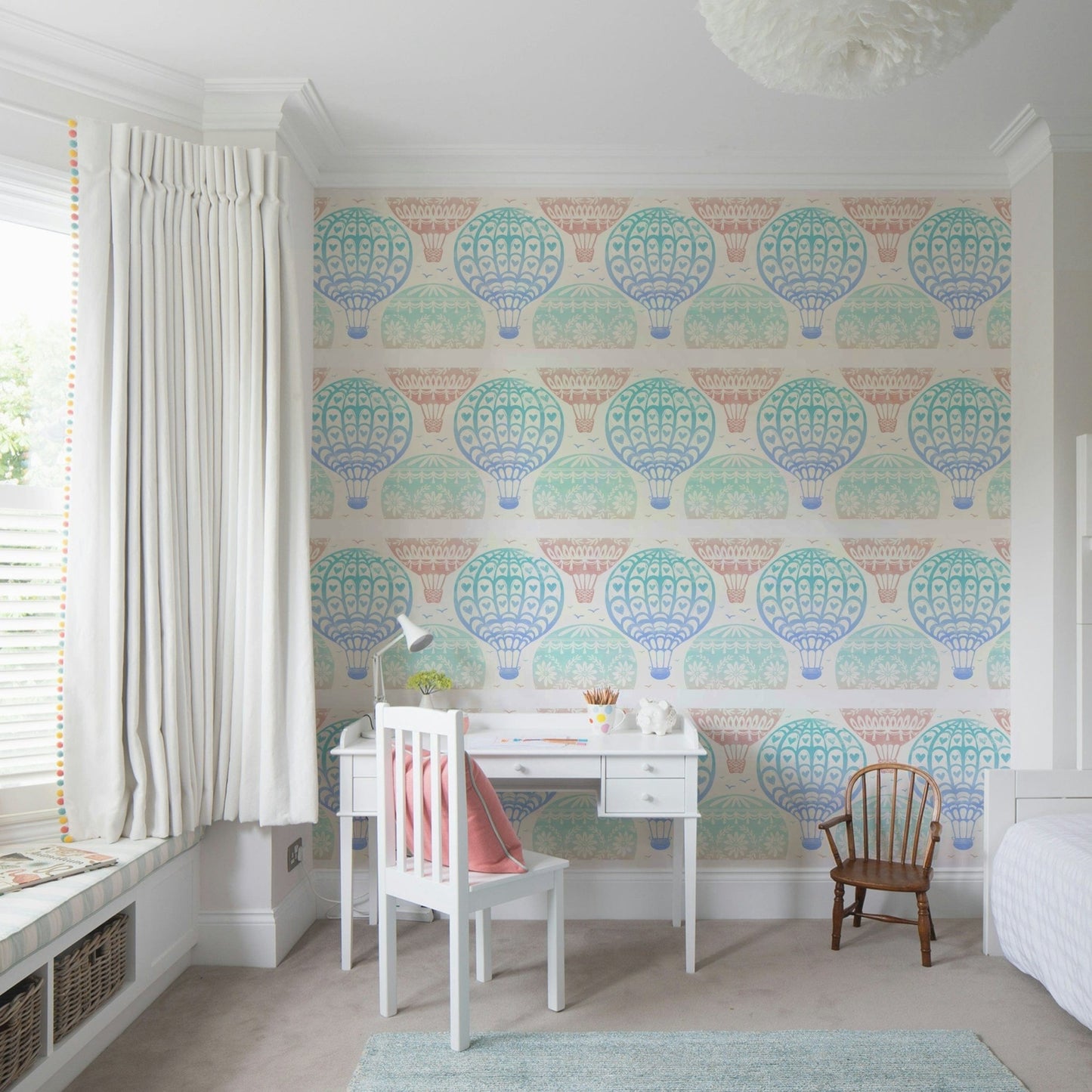 Dreamy pastel hot air balloon wall design

