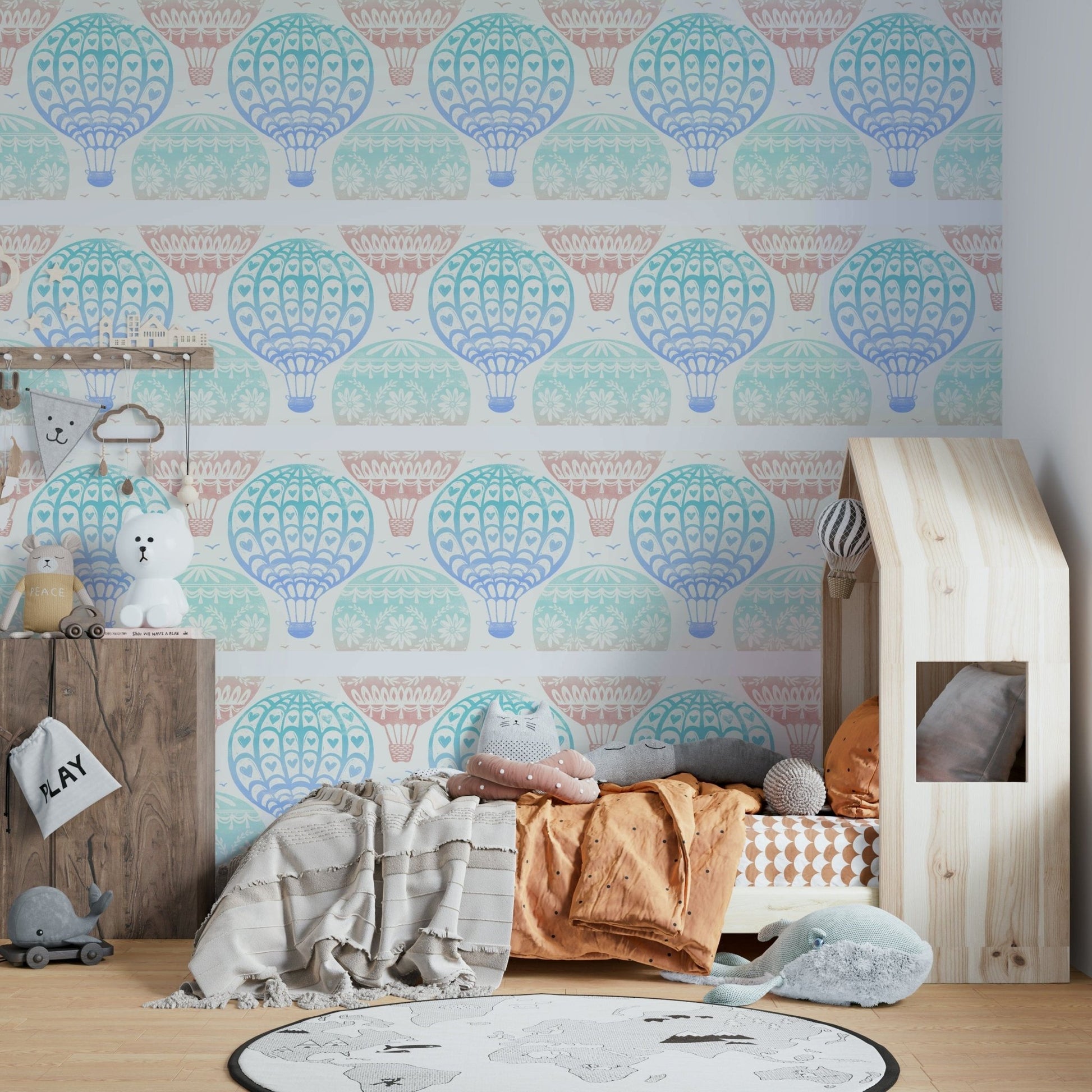 Whimsical pastel hot air balloons wall mural

