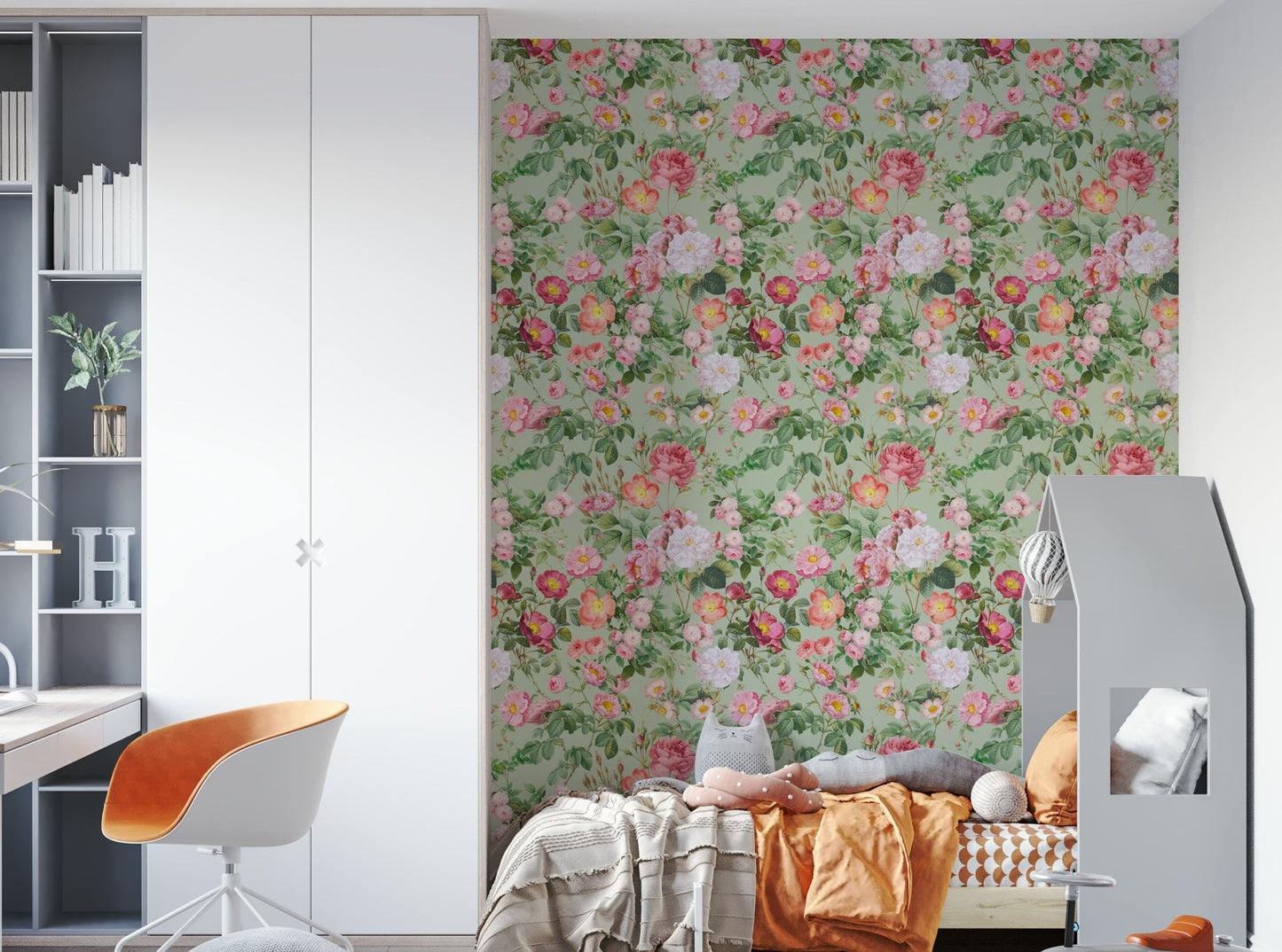 Soft floral wallpaper with pastel rose accents., GD1355