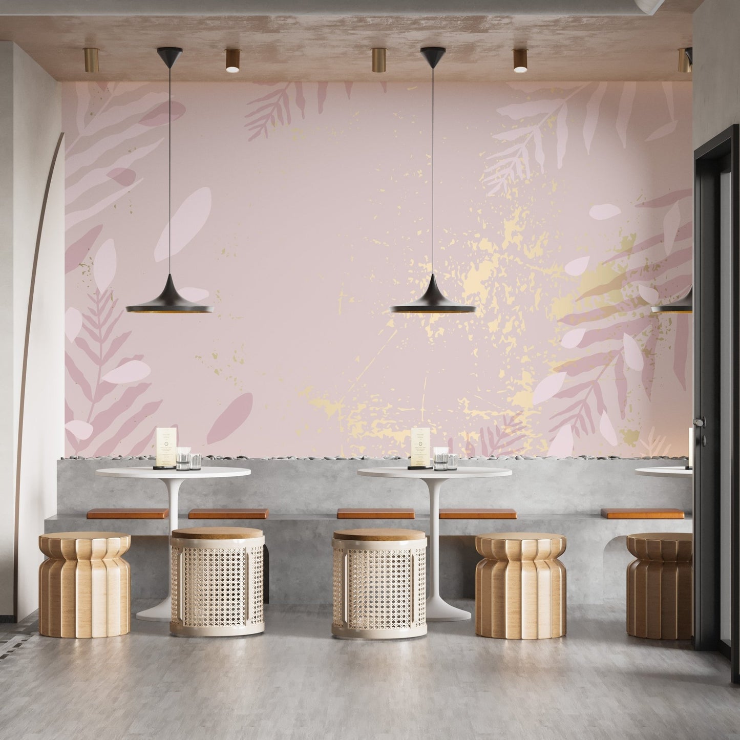 Textured pink wallpaper with abstract botanical prints.
