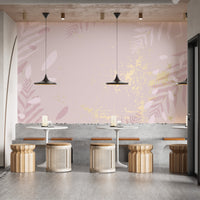 Textured pink wallpaper with abstract botanical prints.