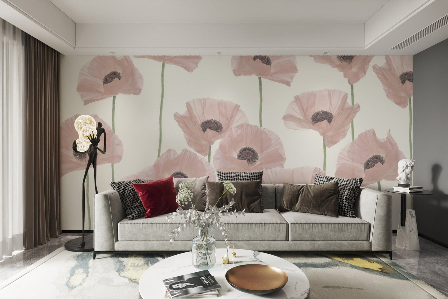 Vintage pink poppy floral wallpaper
