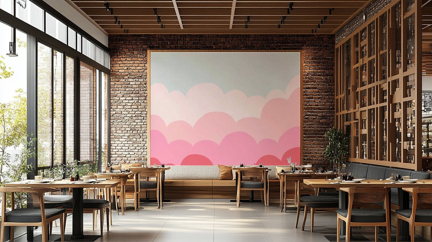 Pastel pink and yellow sunrise wall mural for interiors.

