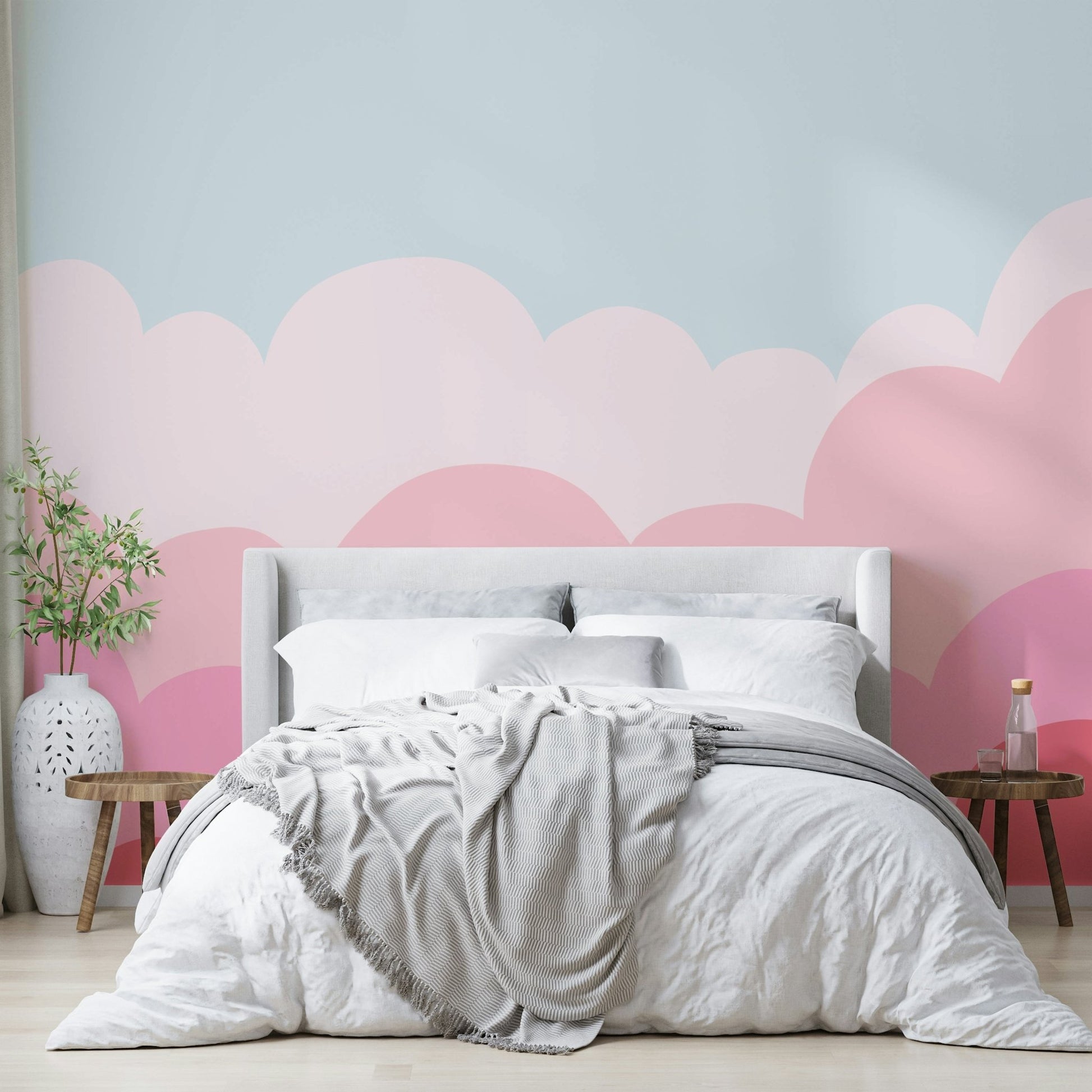Dreamy pastel pink sunrise mural for calming vibes.

