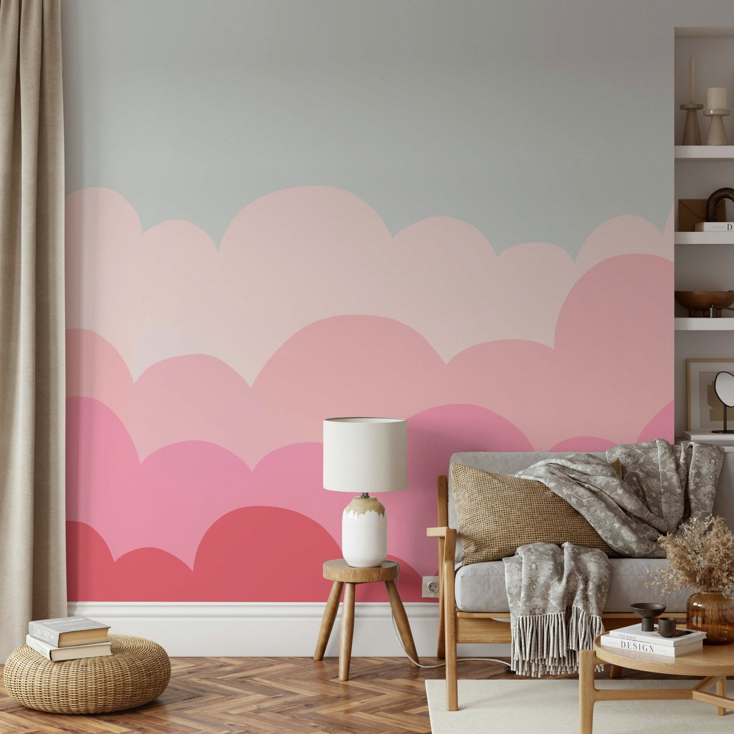 Soft pink sunrise mural for a peaceful atmosphere.

