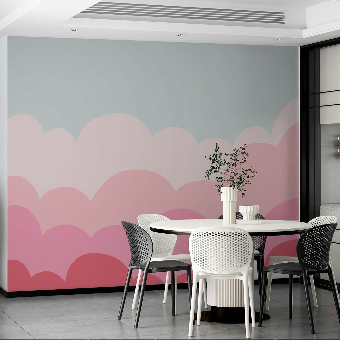 Subtle pastel pink mural of a sunrise for relaxing rooms.

