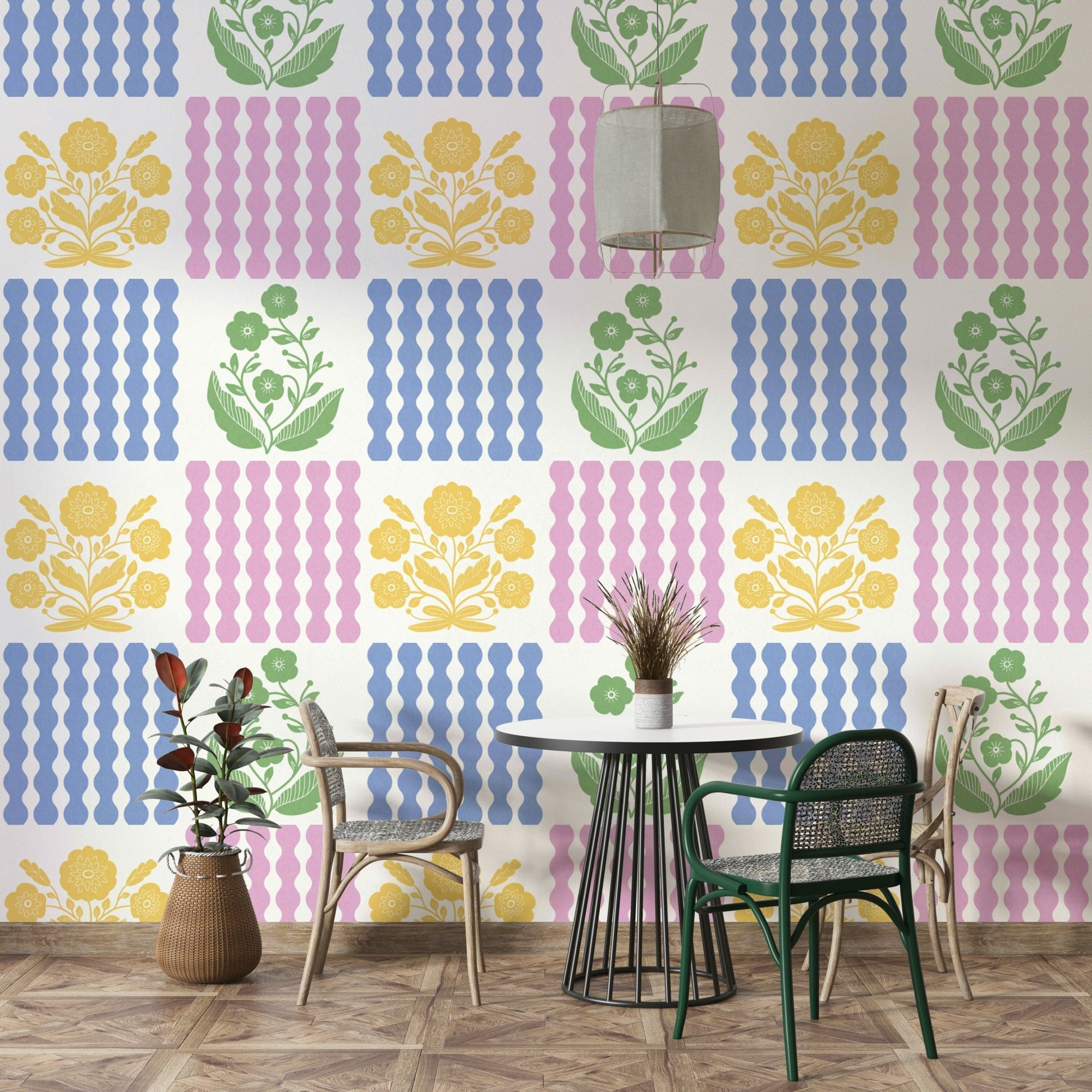 Light-colored floral wallpaper with pop accents

