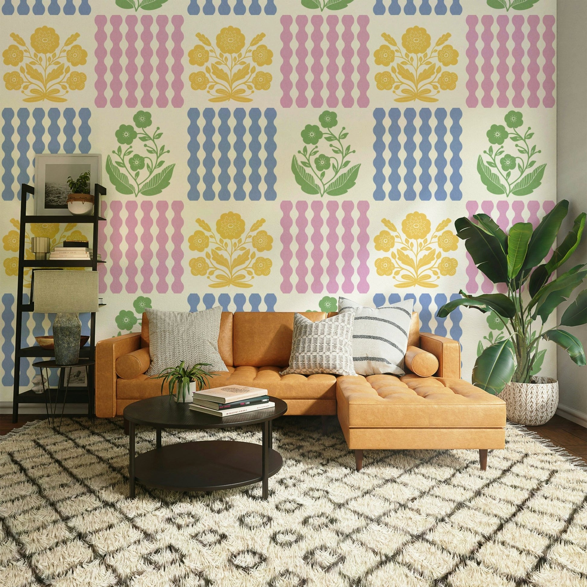 Playful flower pattern wallpaper in soft tones

