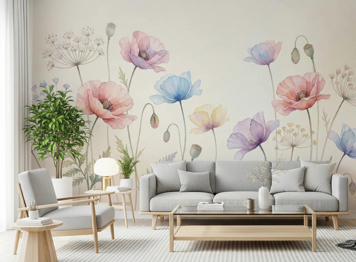 Pastel Poppy Field Wall Mural - Soft Botanical Meadow Art