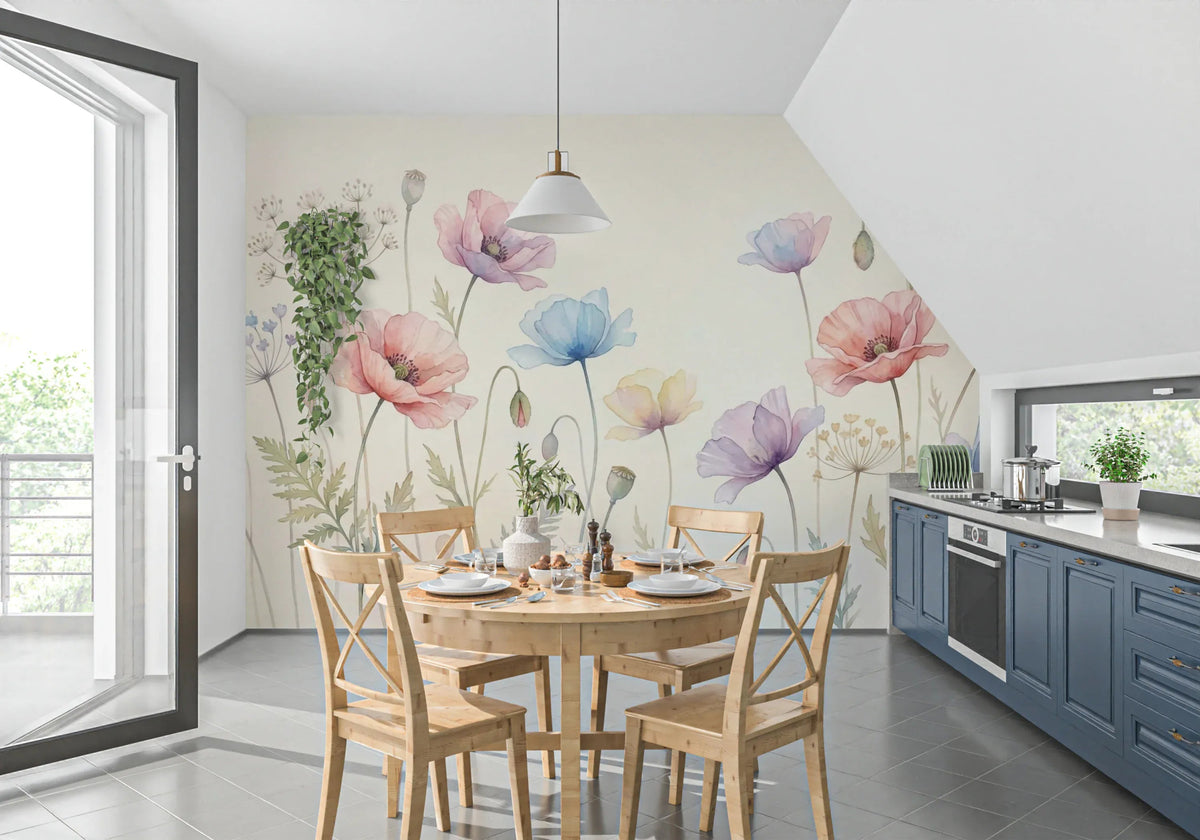 Pastel Poppy Field Wall Mural - Soft Botanical Meadow Art