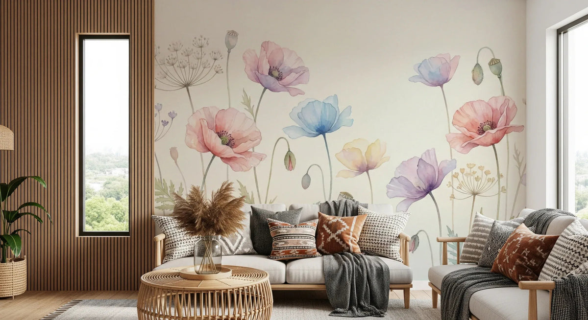 Pastel Poppy Field Wall Mural - Soft Botanical Meadow Art