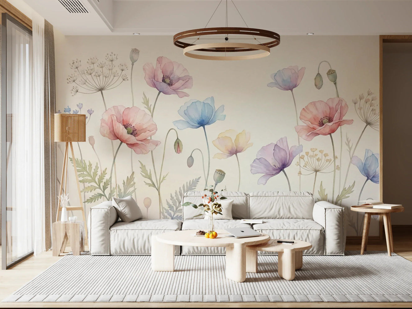 Living room with Pastel Poppy Field wall mural and soft pastel poppy blooms