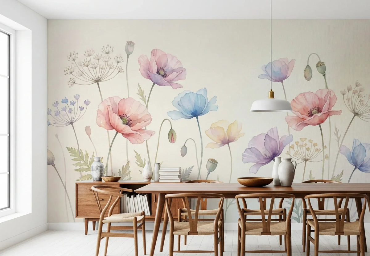 Pastel Poppy Field Wall Mural - Soft Botanical Meadow Art