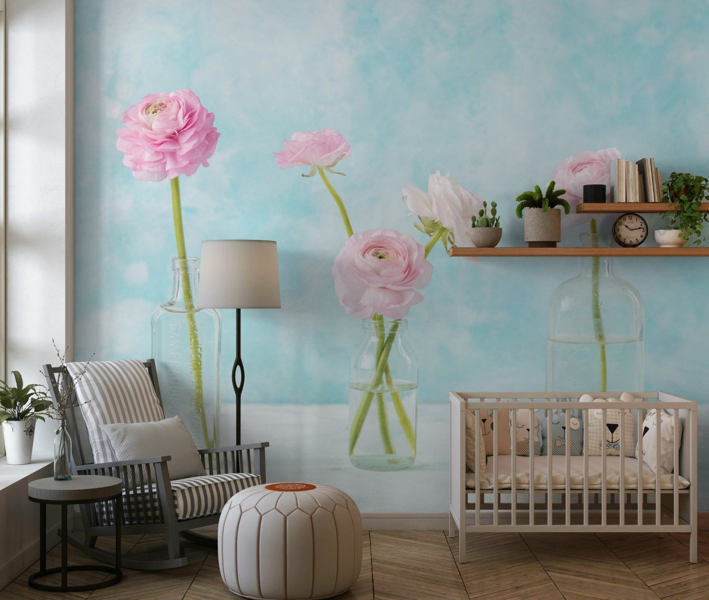 Modern bedroom wallpaper featuring glass vase with ranunculus wall mural.