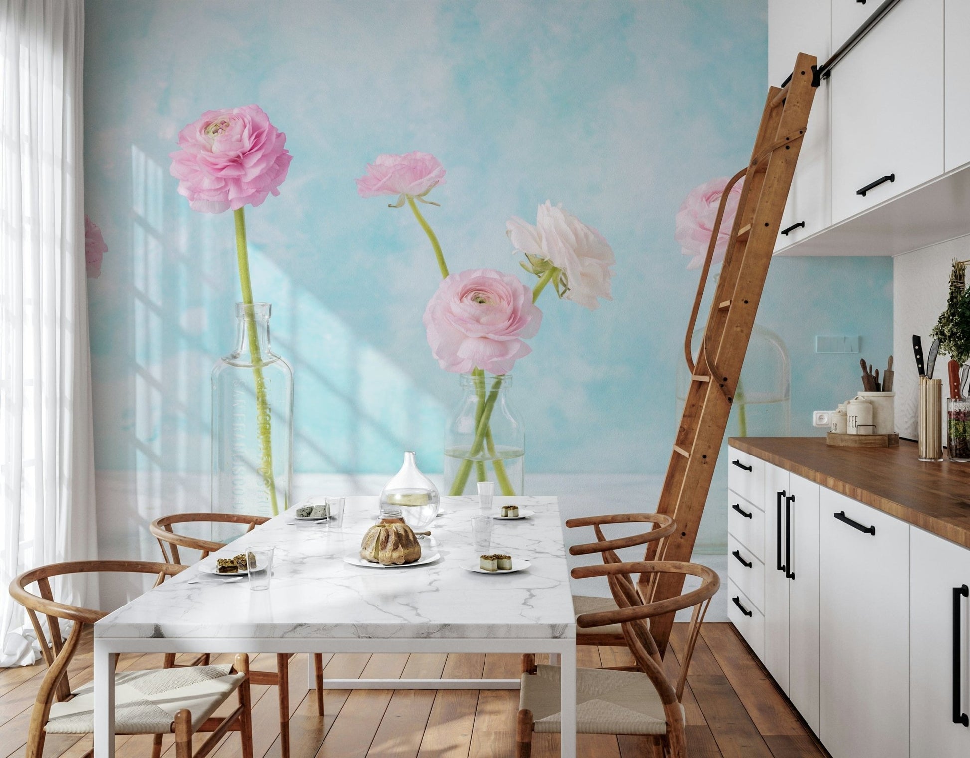 Pastel Ranunculus Glass Decor Wall Mural in a soft pink living room wallpaper.