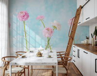 Pastel Ranunculus Glass Decor Wall Mural in a soft pink living room wallpaper.