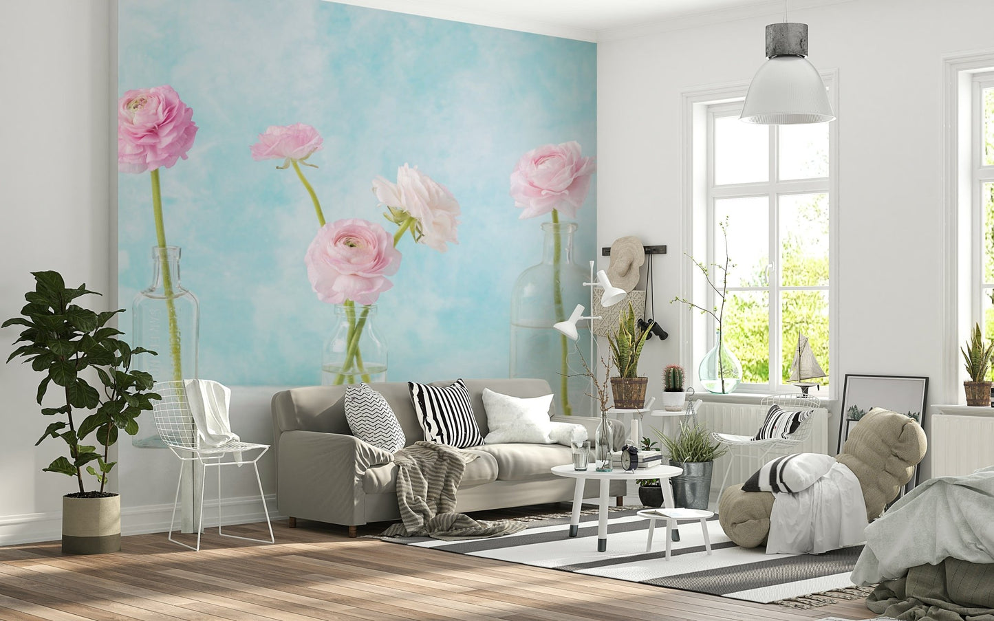 White and cream ranunculus glass decor wall mural for a nursery.
