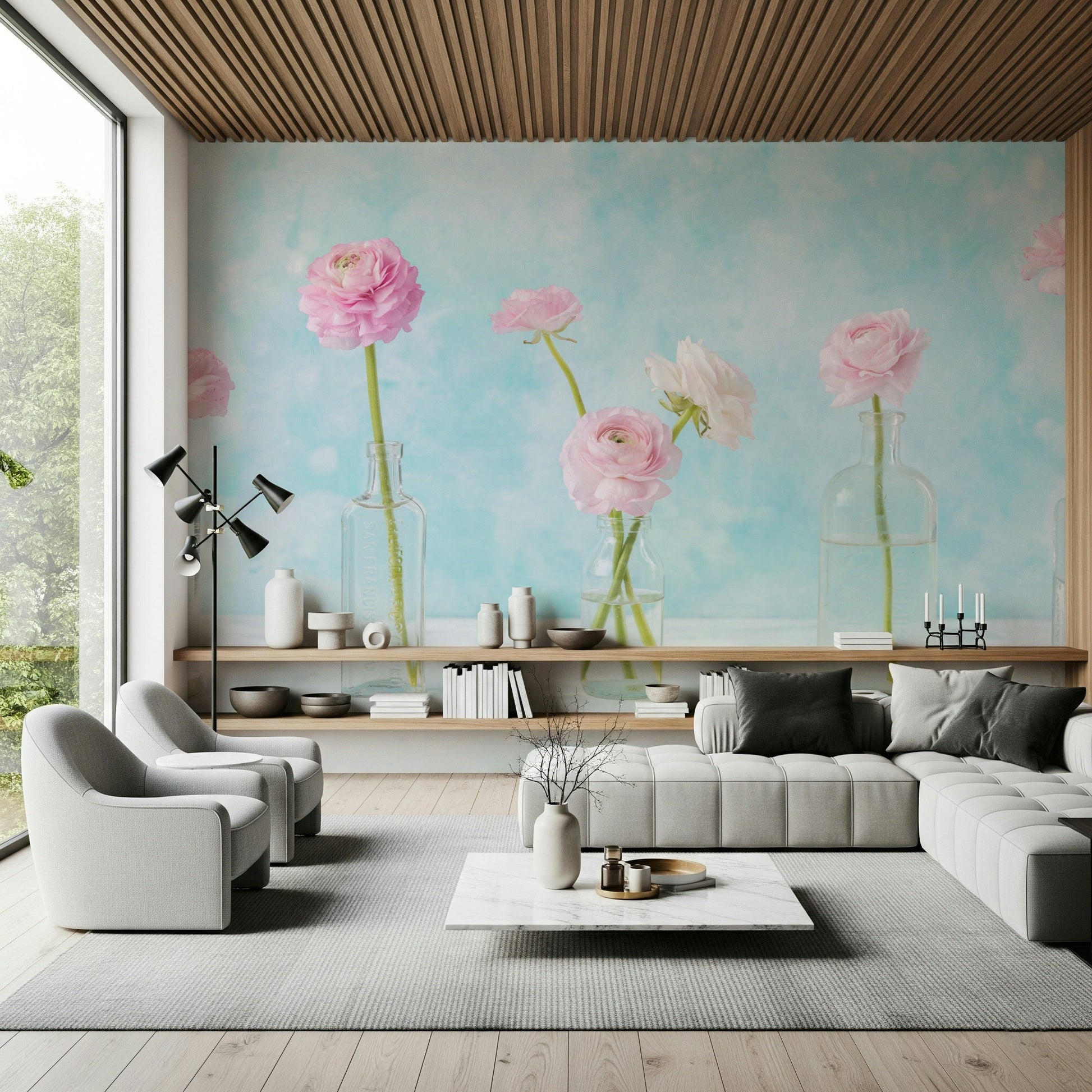 Abstract glass reflections and ranunculus flowers on a hallway wallpaper.