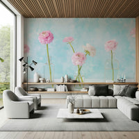 Abstract glass reflections and ranunculus flowers on a hallway wallpaper.